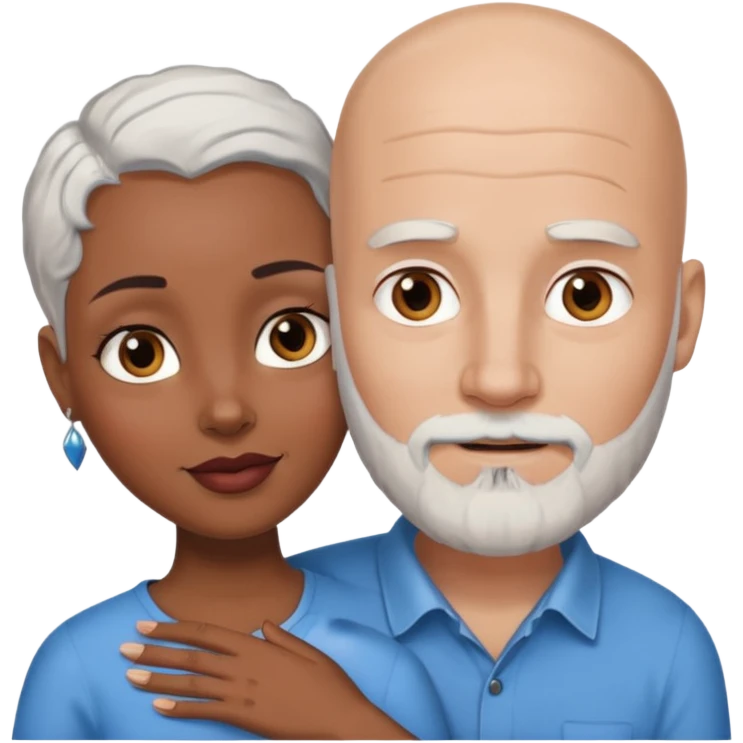 Talk bald white man with a white beard and blue eyes lovingly holding a black woman with brown eyes and grey hair emoji