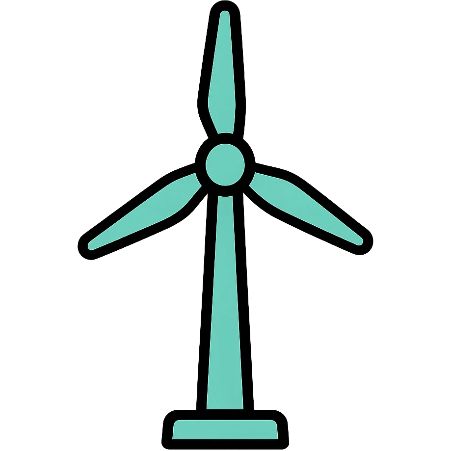 Skeuomorphic wind turbine icon with mint green #B5F4D3 and black #111111 color scheme, showing a detailed turbine with realistic blades, clean symmetric design with subtle depth and soft light emoji