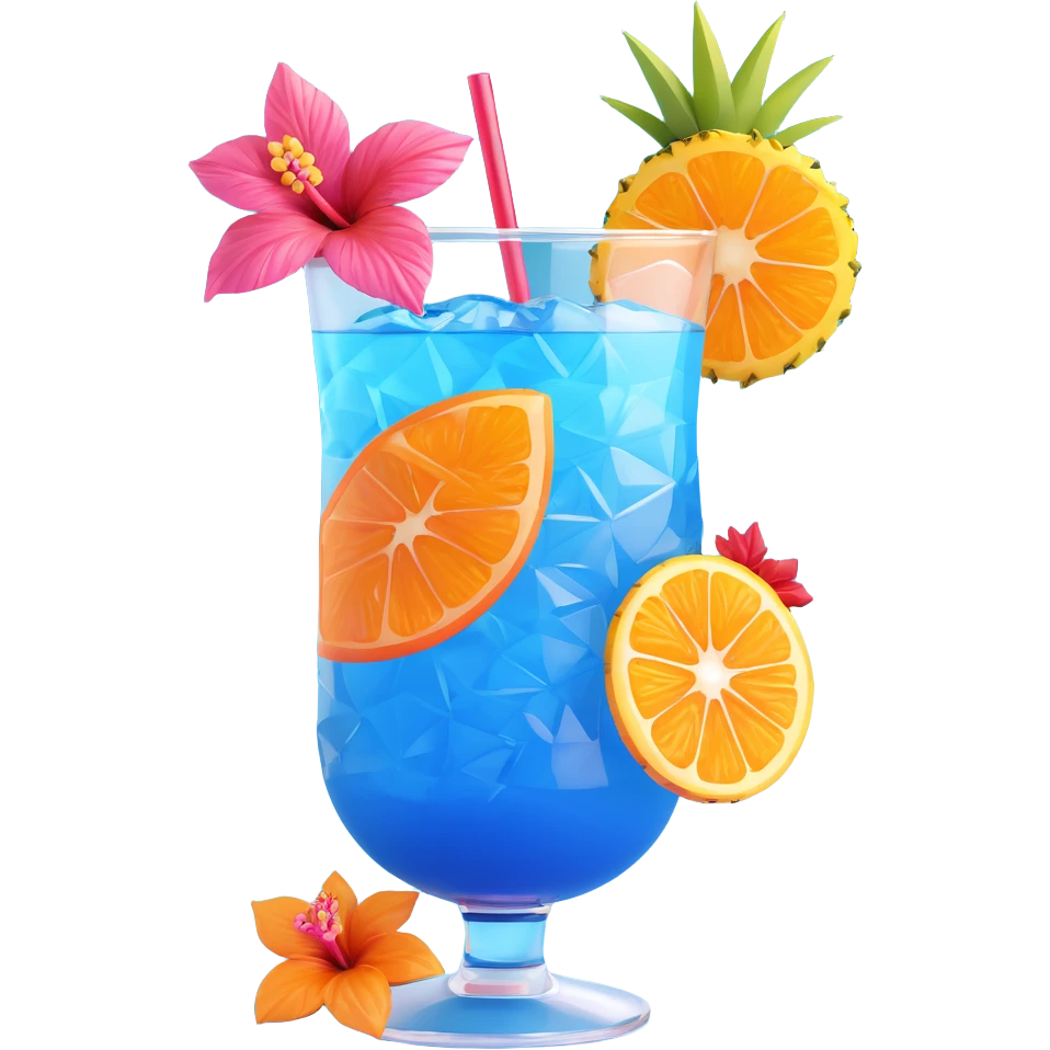 blue tropical cocktail with hibiscus and pineapple garnishes emoji