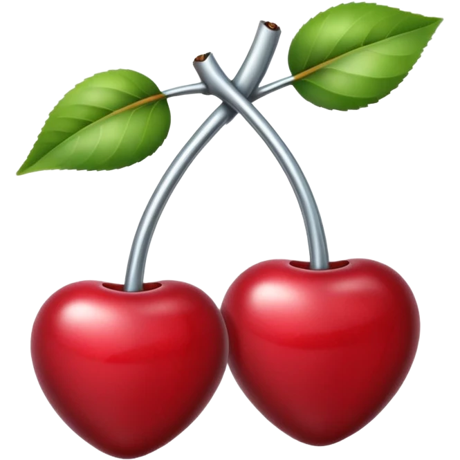 A pair of cherries emoji made of polished silver chrome, smooth rounded shapes, glossy metallic finish, soft highlights and reflections, cute proportions, iOS emoji style, centered, clean white background, no text emoji