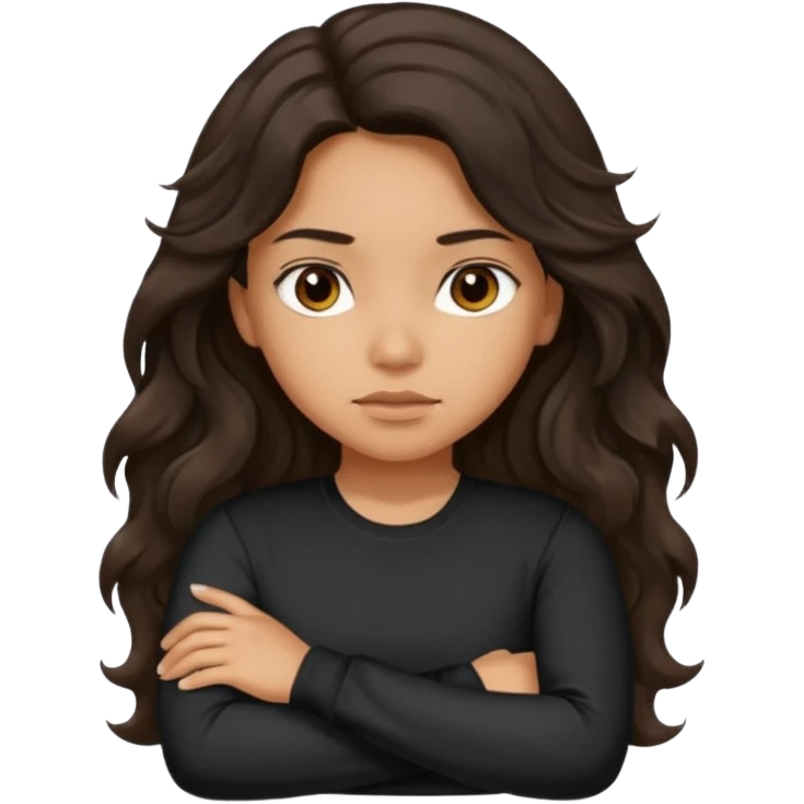 Hispanic girl with dark long wavy hair crossing her arms with slight pout wearing a black long sleeve shirt emoji