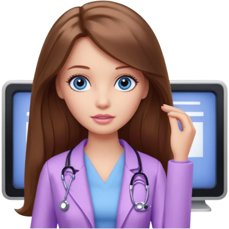 beautiful barbie girl with long brown hair, blue eyes and wearing light purple clothes watching dr who on tv emoji