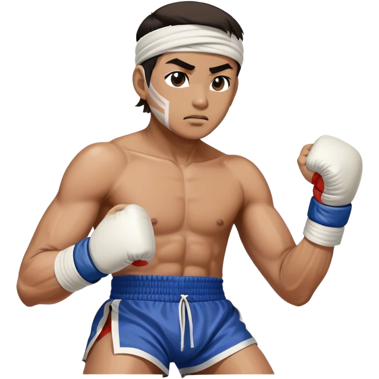 ​Cinematic Realistic Traditional Muay Thai Fighter, depicted in authentic attire featuring white bandaged gloves wrapped around his fists, a traditional headband tied neatly, and classic Muay Thai shorts, captured in a dynamic fighting stance under dramatic, high-energy lighting that highlights the raw power and elegance of the art, emoji
