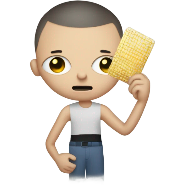 unhappy bald young man, on his hand there is semiconductor chip emoji