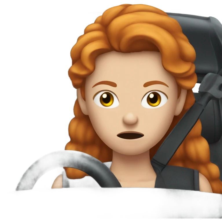An angry ginger young woman with long ginger hair in a small old black car  emoji