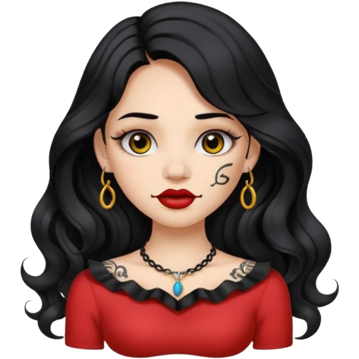 I want to create a female emoji with long black wavy hair and collar bone tattoo that says “me before you” and she has her nose pierced and black lip stick emoji