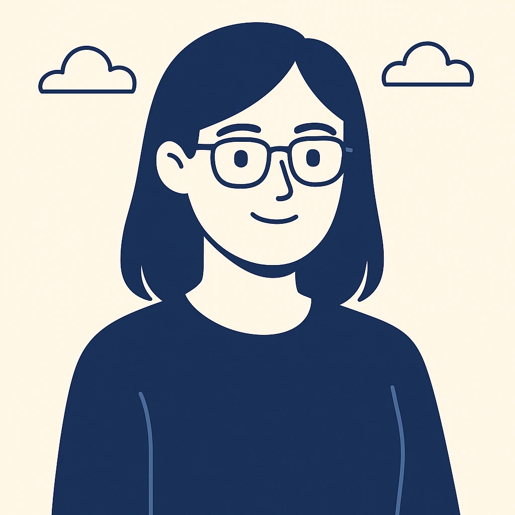 a black-haired woman wearing glasses, clean modern illustration style emoji