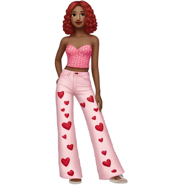 Realistic long Wide leg high waisted pink jeans with small red hearts print, isolated emoji