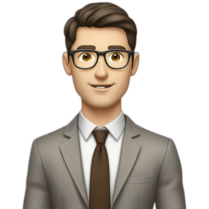 Pale skinned fit man with dark brown hair in gray jacket, beige office shirt, brown tie, brown pants and vintage glasses Writing text on the flipchart emoji