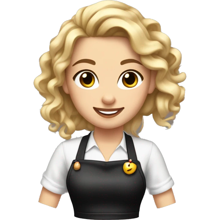 Waitress with white shirt and black apron, curly blonde hair in a pony tail, hazel eyes, lots of bohemian jewelry and bracelets  emoji