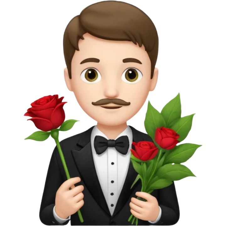generate an ios genmoji of a 20 year old fair boy with very few and faint mustache hair. should look like he cant grow a mustache., carrying a flower bouquet, wearing a tux emoji