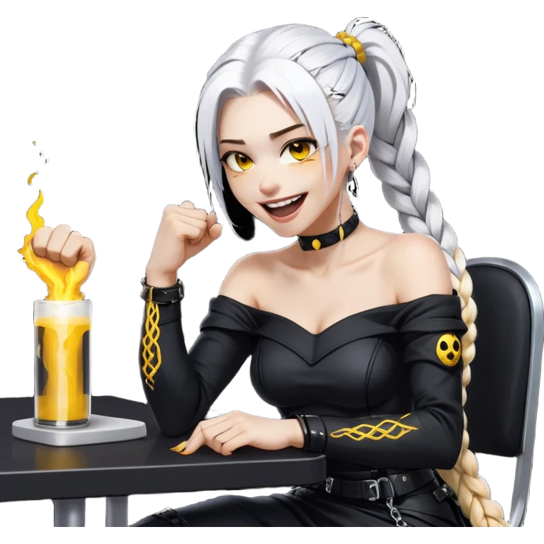 ghibli style, she is laughing outrageously and pounding her fist on the table, a closeup portrait of young woman with gold yellow eyes, white hair, long braid, black off-shoulder top, punk gothic style, futuristic cyberwave cyberpunk, sitting position
 emoji
