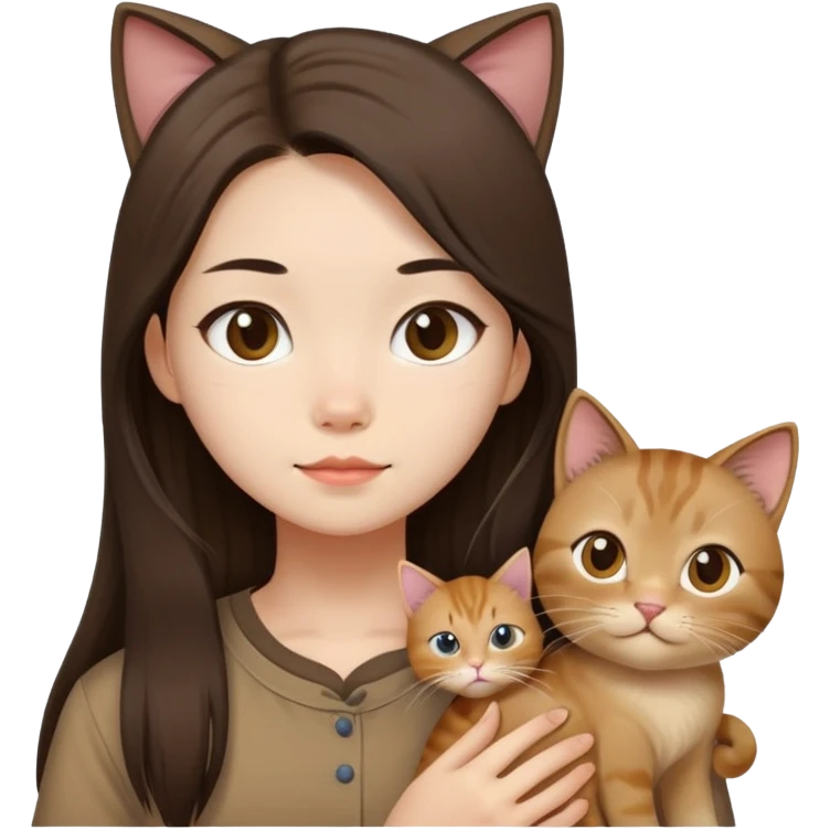 a chinese longhair girl wearing a brown shirt with a cat emoji
