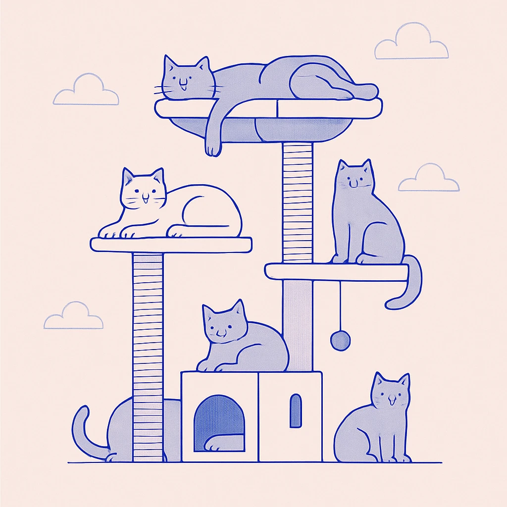 multiple cats lounging in tall cat tree playhouse emoji