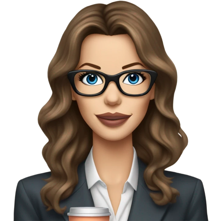 Realistic Kate Beckinsale blue eyes wearing glasses in a business dress drinking coffee peach lipstick  emoji