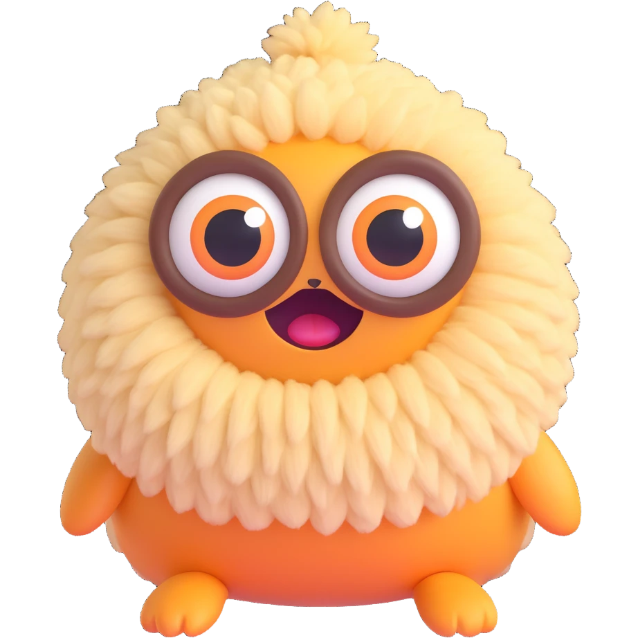 quirky fluffy creature with big eyes in playful pose, random color, 3D emoji style emoji