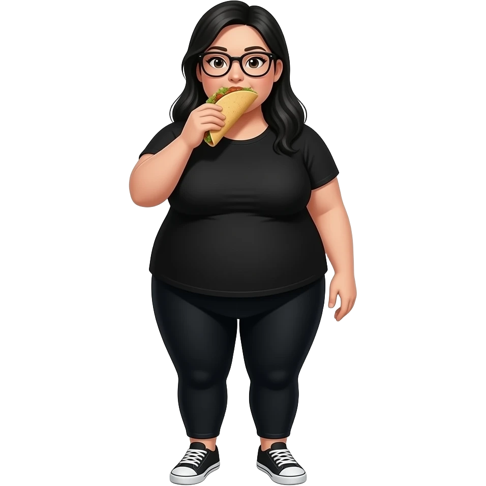 Fat girl full body  wearing black leggings and a black shirt with black glasses with long black hair eating a taco emoji
