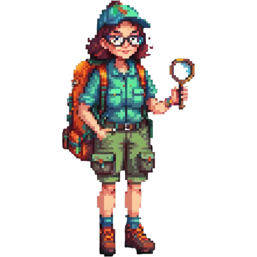 Happy woman explorer in her 40s with glasses, colorful retro hiking outfit, backpack, holding one magnifying glass, detailed pixel art emoji