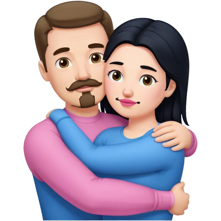 Tall strong white man with brown mustache goatee wearing blue hugging a chubby short pale woman with long black hair wearing pink emoji