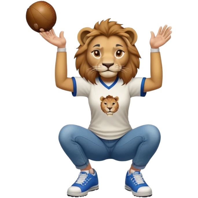 friendly anthropomorphised female lion wearing a baseball shirt, jeans, and trainers, in a squat position, empty hands emoji
