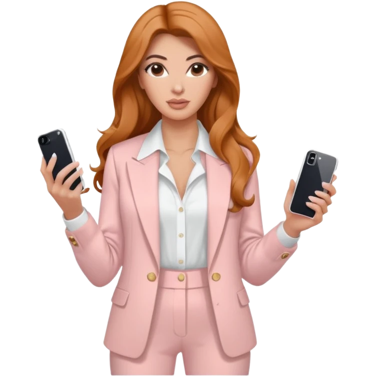 pale skin Kim Kardashian with ginger wavy long Hair, light pink  Spacious classical jacket, light pink palazzo Arrow pants and white blouse holding white IPhone 15 pro in the hands emoji