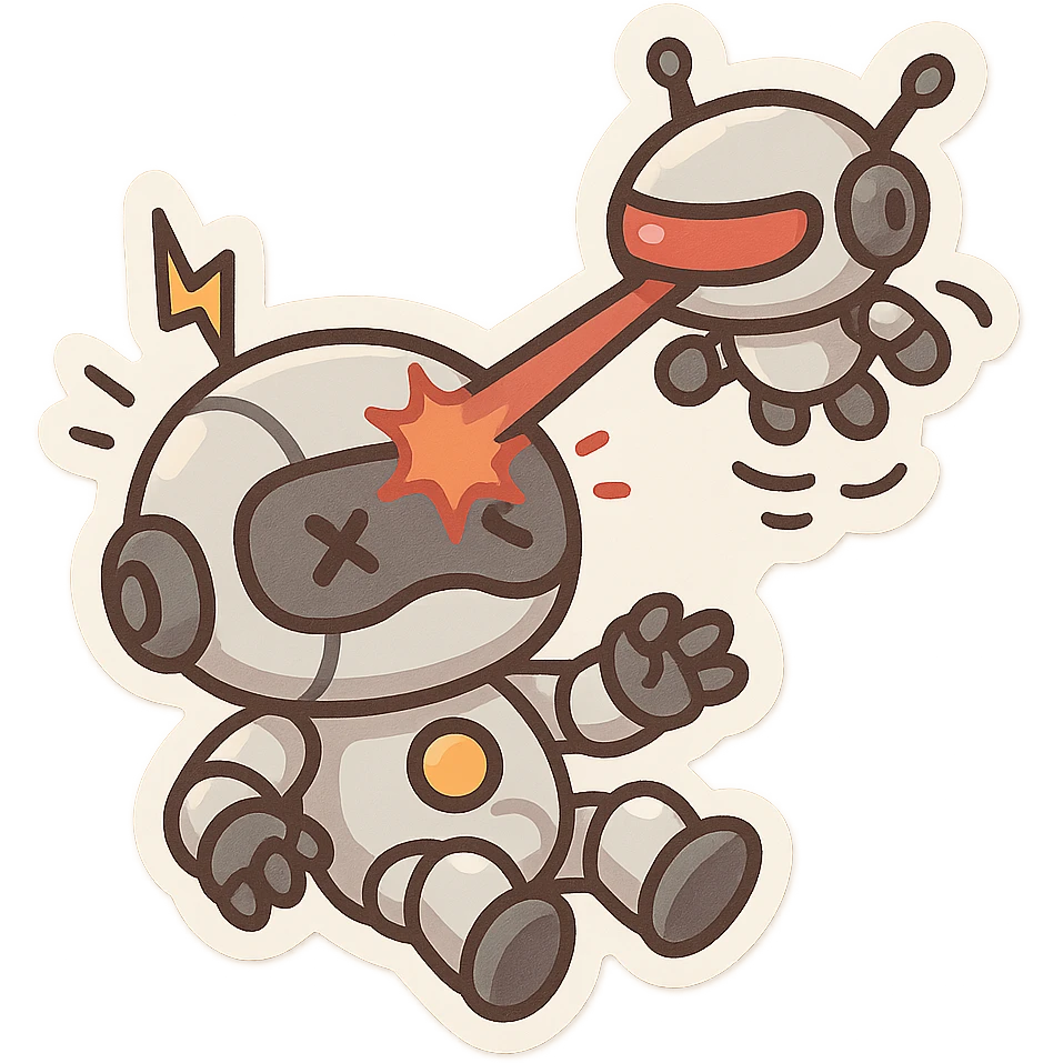 robot being hit with a red beam by a flying robot emoji