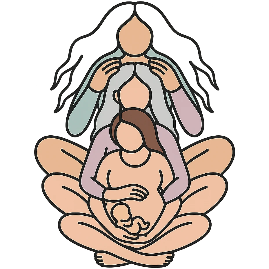 Variant: Several generations of women sitting one behind the other as in the reference, all dressed in flesh-colored bodysuits, Chinese Eastern style, icon-color-outlined style with thin clean contours, soft rounded shapes, pastel palette #98B5BC, #B5B3C1, #C9A3C9, #E4C0CA, #F7DCD1, #F7C0AA, emphasis on light and shadow, transparent background, no decoration, less cute. Composition and poses as in the reference. emoji