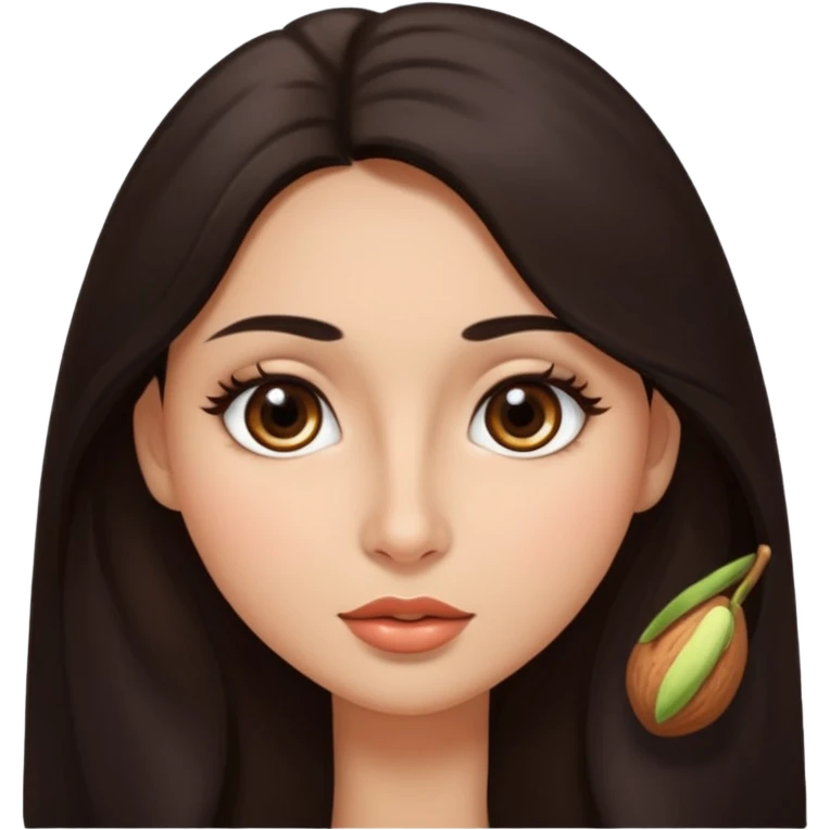 morena, olhos mais rasgados, cabelo liso e comprido, mais volumoso sinal em forma de circulo do lado direito da bochecha, nariz grande e bonito e boca menor emoji