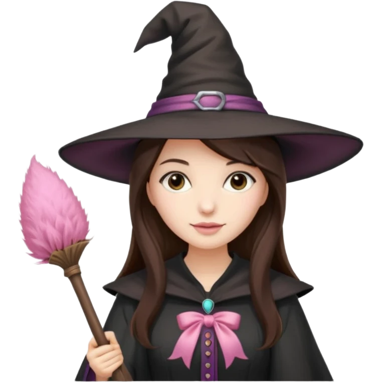 Brunette long hair lady qitch with soft pink broom emoji