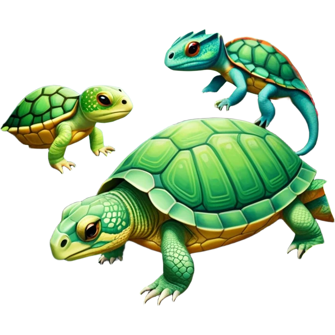 Close-up collage of a turtle, snake, and chameleon in a natural environment, with vibrant greenery and soft sunlight filtering through. Each reptile is shown in intricate detail, highlighting their unique textures and colors, set against a lush, serene background. emoji