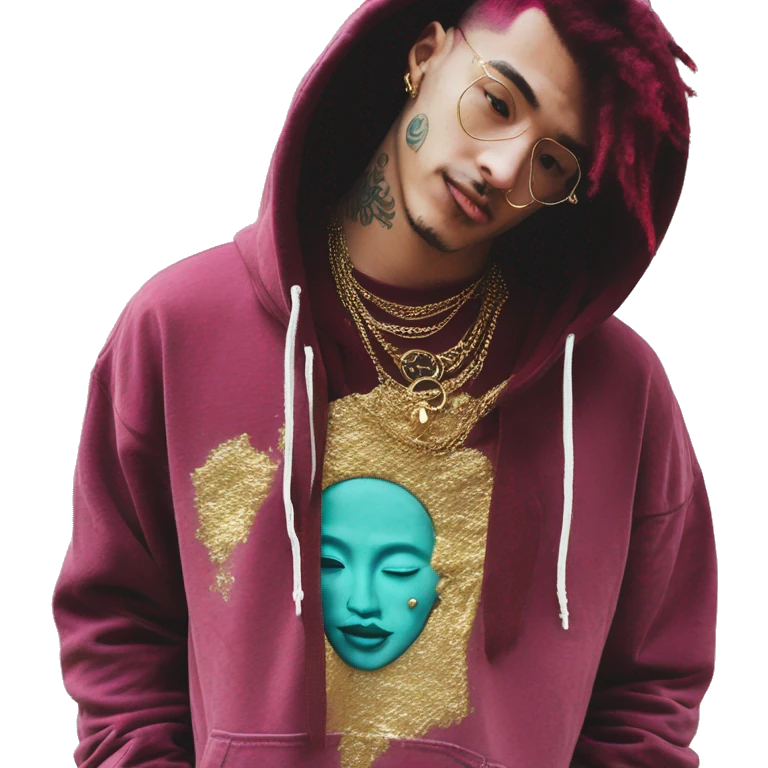Vintage grunge patina intricate swirls gold jewellery baroque golden sparkle tropical Deep pink maroon burgundy cyan dark hoodie man dyed hair gold piercings nose piercing ear piercings emoji