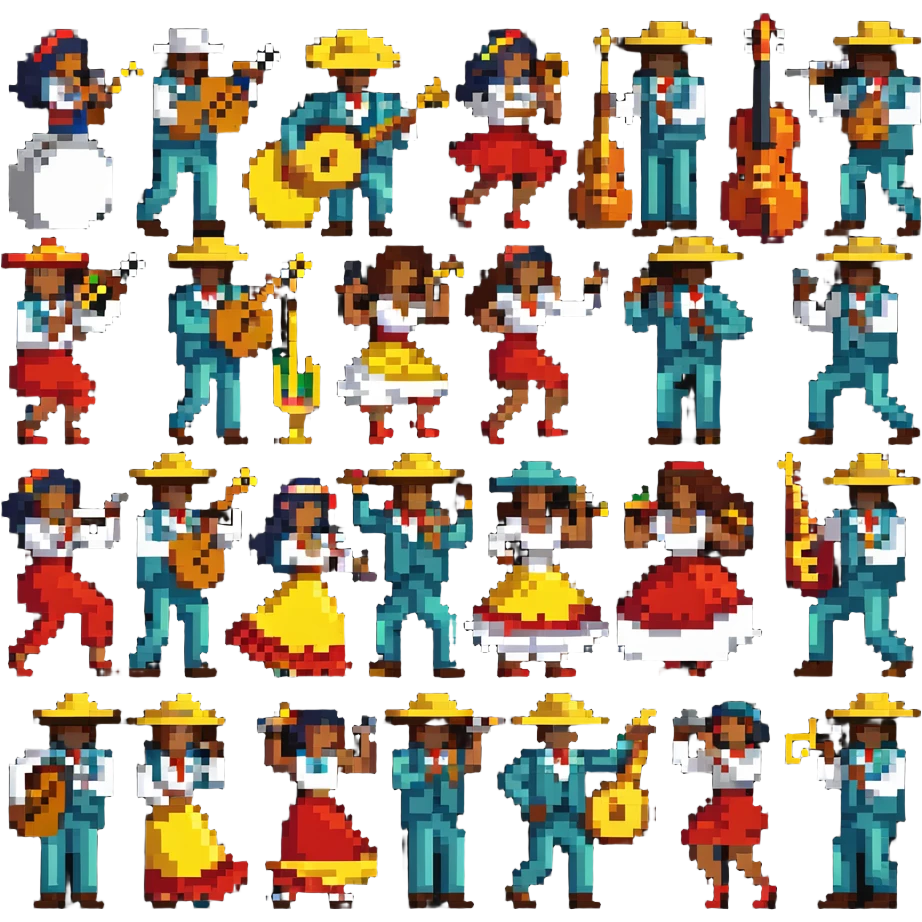 Colombian salsa musicians with instruments and dancers in vibrant colors emoji