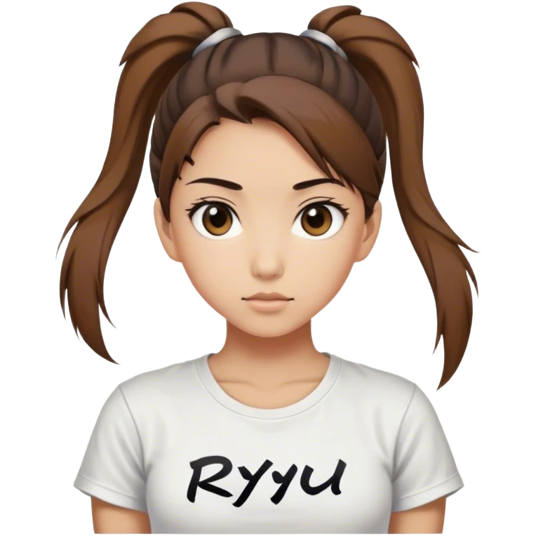 Beautiful girl happy with big eyes, ponytail and "ryu" written on tshirt emoji