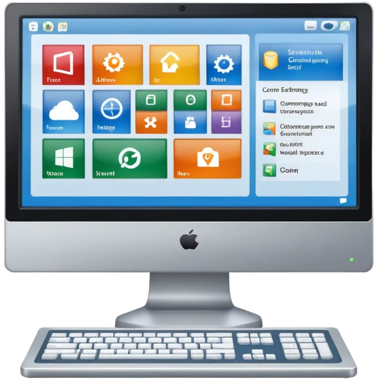 An icon featuring a computer screen with an operating system interface, showing windows, icons, and a taskbar. The design includes code snippets, system settings, and a gear symbol, representing the management and control of computer hardware and software. Transparent background emoji