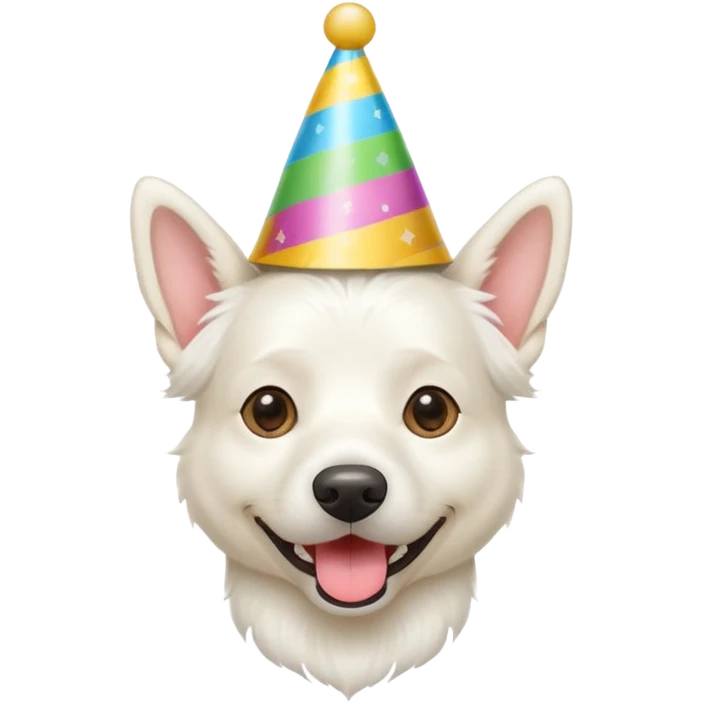 A White belgian dog wearing a party hat.   emoji