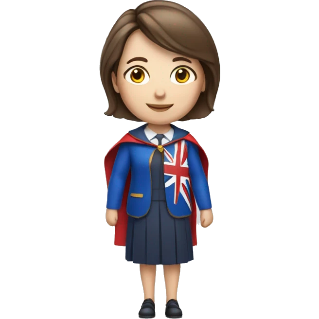 superhero female headteacher with short straight brown hair and blue dress and union jack cape  emoji