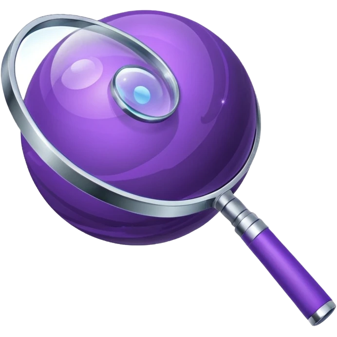 Minimal purple icon: a planet with connecting lines and a magnifying glass. Glossy, transparent background. emoji