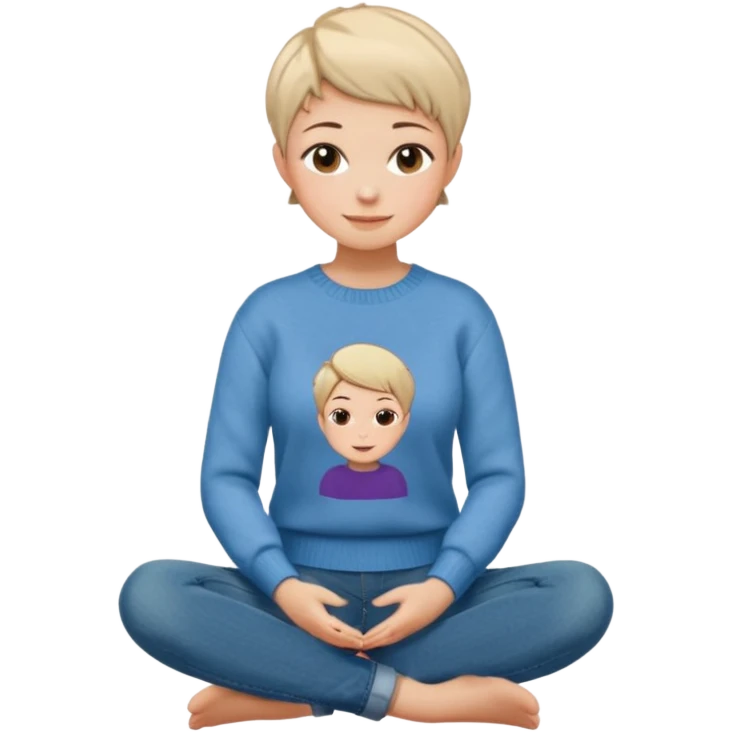 woman sitting cross legged short pixie hair jeans sweater smile  emoji