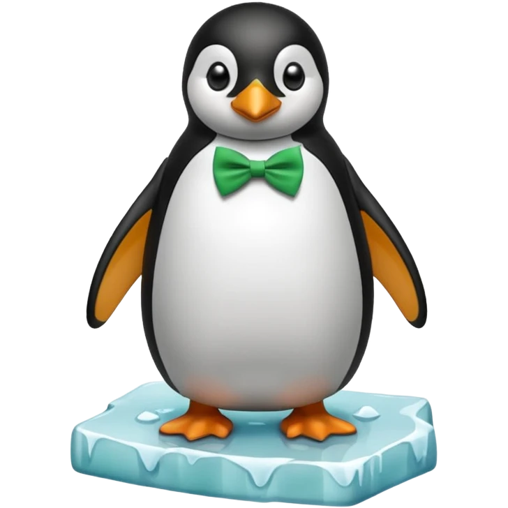 penguin, green bow tie, standing on small ice melting block emoji