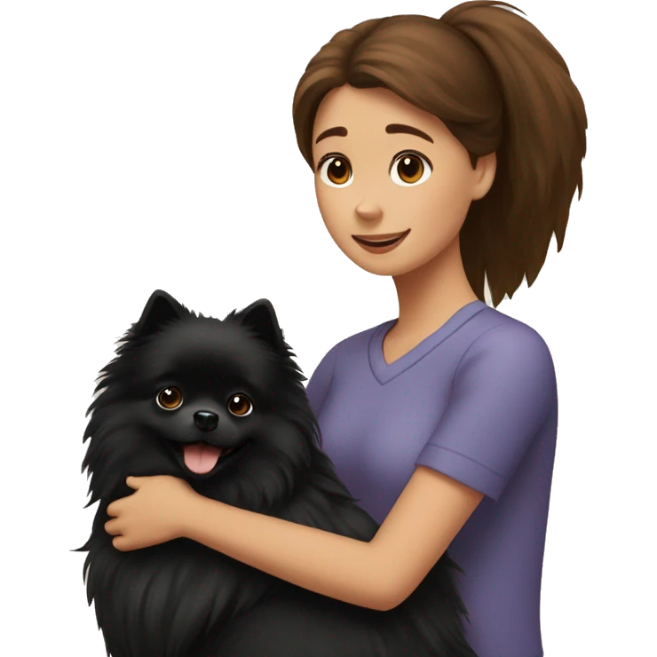 Brown -haired girl hugs a black pomeranian dog emoji