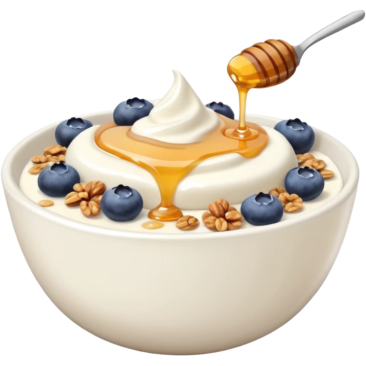 Yogurt in a bowl with granola and blueberries topped with honey drizzle emoji