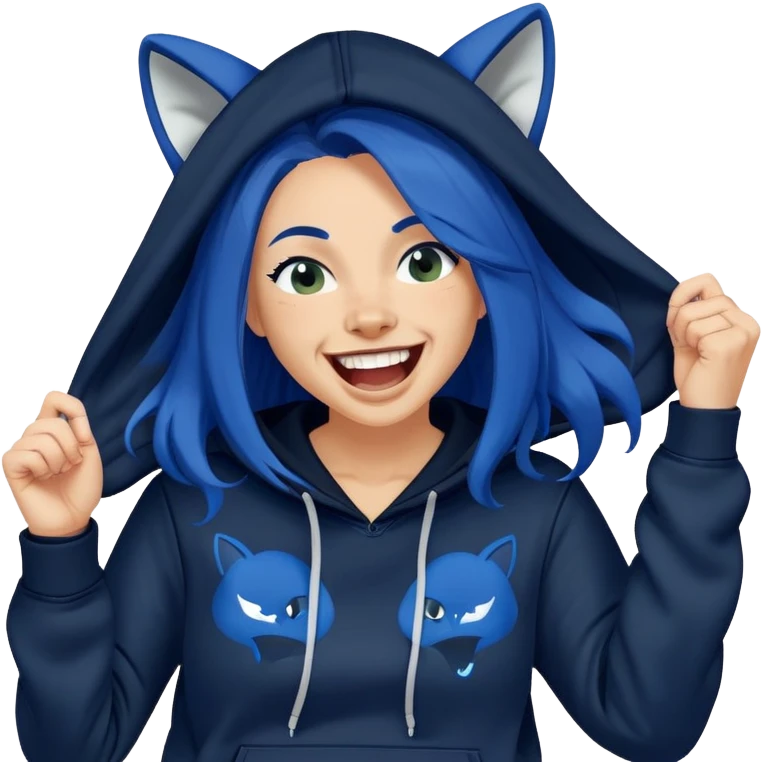 White 30 year old woman with long dark blue hair laughing hysterically wearing a black hoodie with a PUMA logo emoji