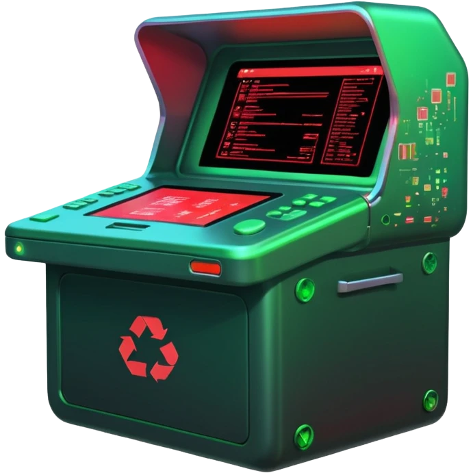 A sleek digital terminal with a holographic interface showing files being uploaded, data packets represented as trash icons, the screen glitching and exploding with red error symbols, tech dystopia vibes, neon greens and reds, circuit patterns in background --v 5 --ar 3:2 --style sci-fi --chaos 30 emoji
