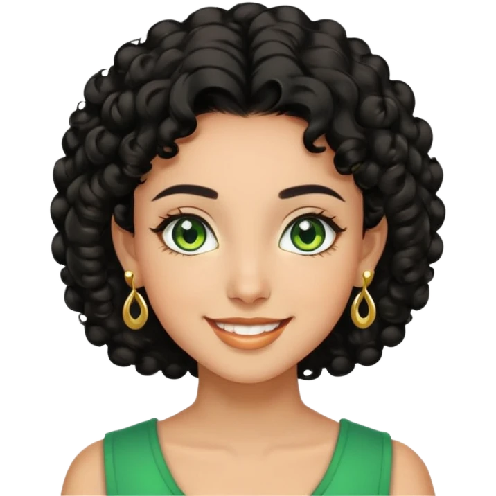 girl showing happiness, medium skin tone, short curly black hair, gold earrings, green eyes Minimal emoji showing happiness, medium skin tone, short curly black hair, gold earrings, green eyes emoji
