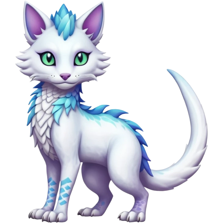Kawaii white iridescent edgy fantasy feline-vernid-sergal-fursona animal creature with a tufted tail full body with intricate markings  emoji