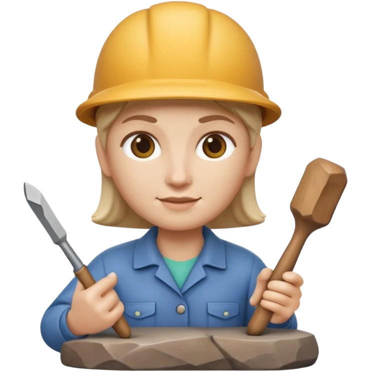 Apple Memoji-style 3D emoji of a sculptor with a small statue and chisel, smooth gradients, rounded edges, no background.during sculpting rock emoji