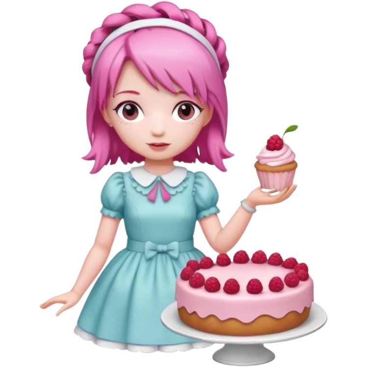 Isolated detaile illustration modern raspberry torte doll figurine full body with pink hair and a pink berry hairband standing emoji