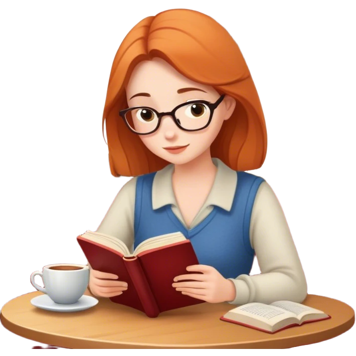 Woman reading a book in a cozy, quiet café emoji
