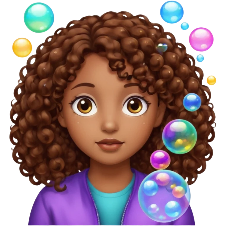 girl with brown curly hair in a side part with big brown eyes looking off to the side with bubbles on both sides of her emoji