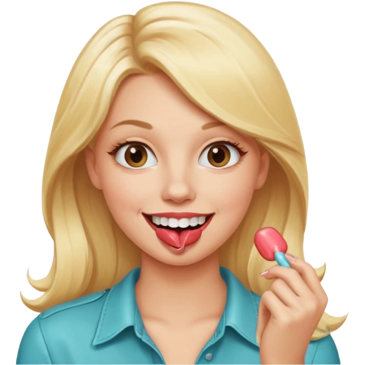 Elle fais une peu petasse, elle se mord le coin la lèvres. Elle est blonde. Ongles vernis marrons. Elle mâche un chewing-gum  emoji